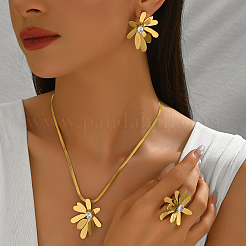 Stainless Steel Cubic Zirconia Flower Pendant Necklaces & Stud Earrings & Rings Sets for Women Gift&nbsp;BG5091