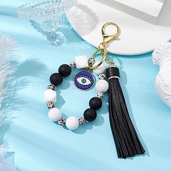 Silicone & Natural Dalmatian Jasper Beaded Bracelet Wristlet Keychain&nbsp;KEYC-JKC00994