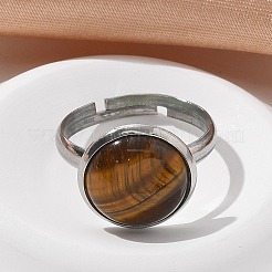 Half Round Natural Tiger Eye Finger Rings&nbsp;X-RJEW-M062-01P-08