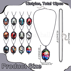 12Pcs 12 Colors Gothic Zinc Alloy & Glass Oval Pendant Black PU Leather Cord Necklaces&nbsp;NJEW-WR0001-08