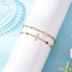 304 Stainless Steel Paperclip Chain & Handmade Lampwork Evil Eye Link Chain Double Layer Stackable Necklaces for Women&nbsp;BJEW-JB12451-03
