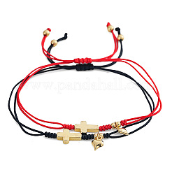 2Pcs Brass Puffed Heart & Cross Double Layered Couple Bracelets&nbsp;EU8797-3