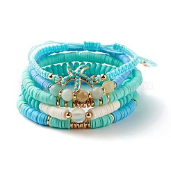 Round Stone & Polymer Clay Heishi Beads Stretch Bracelets Sets&nbsp;BJEW-JB07436