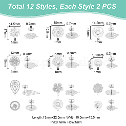 24Pcs 12 Style Filigree Flower & Flat Round & Teardrop 304 Stainless Steel Stud Earring Findings&nbsp;STAS-UN0047-98