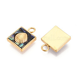 304 Stainless Steel Pave Natural Paua Shell Square with Shell Shape Charms&nbsp;STAS-N112-23B-G