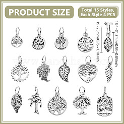 60Pcs 15 Styles Tibetan Style Alloy Tree of Life & Leaf Pendants&nbsp;PALLOY-GA00053