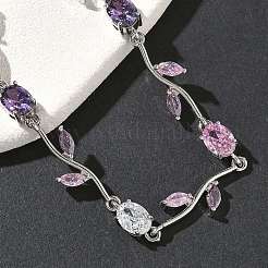 Brass Micro Pave Cubic Zirconia Oval & Leaf Link Chain Bracelets for Women&nbsp;BJEW-G764-05P-01