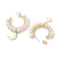 Moon & Star Natural Pearl Dangle Half Hoop Earrings&nbsp;EJEW-JE05895-02
