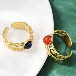 316 Stainless Steel with Natural Mixed Gemstone Cuff Rings&nbsp;RJEW-Z098-01G-14