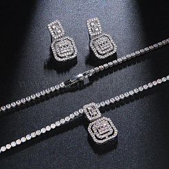 Square Brass Micro Pave Clear Cubic Zirconia Pendant Necklaces & Stud Dangle Earrings Sets&nbsp;FS-WG98D1F-01