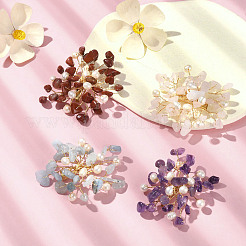 Natural Mixed Gemstone Chips & Pearl Beaded Flower Brooch Pin&nbsp;JEWB-BR00098