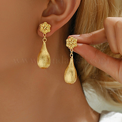 Elegant Brass Teardrop with Flower Dangle Stud Earrings&nbsp;XB1287