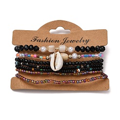 Bohemian Resin & Alloy & Glass Beads & Shell & Plastic Pearls Beaded Stretch Bracelets&nbsp;BJEW-Z169-01E