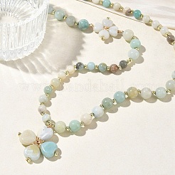 Saint Patrick's Day Natural Flower Amazonite Clover Pendant Round Beaded Necklaces with Brall Heart OT Clasps&nbsp;NJEW-G202-02G-03