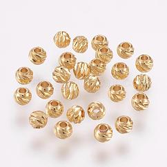 Carved Brass Beads, Long-Lasting Plated, Round, Real 18K Gold Plated, 3.5~4x3mm, Hole: 2mm