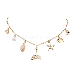 Summer Beach Brass Clear Cubic Zirconia & Shell Pearl & Spiral Shell Bib Necklaces&nbsp;NJEW-TA00182