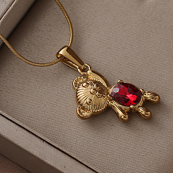 304 Stainless Steel with Red Glass Bear Pendant Necklaces for Women&nbsp;PA5495
