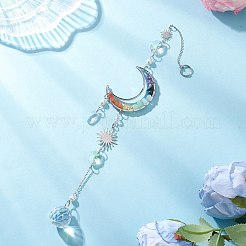 Brass Moon & Chakra Natural Mixed Gemstone Chips Hanging Suncatchers&nbsp;HJEW-JM04488