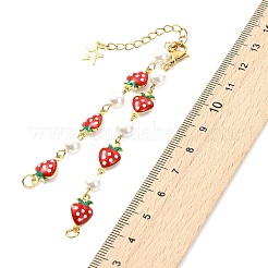 White Round Shell Pearl Brass Enamel Red Strawberry Link Chain Bracelet Making&nbsp;AJEW-JB01631