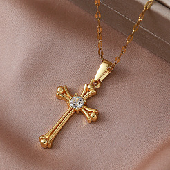 Vintage 304 Stainless Steel Rhinestone Religion Cross Pendant Necklaces for Women&nbsp;XZ4218