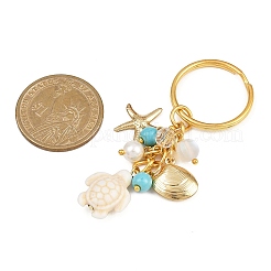 4Pcs 4 Colors Ocean Series Natural White Jade & Lapis Lazuli & Green Aventurine & Synthetic Turquoise & 304 Stainless Steel Starfish Shell Shape Turtle Keychain&nbsp;KEYC-JKC01388
