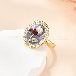 Flower Pattern Brass Enamel & Natural Freshwater Pearl Open Cuff Rings for Women&nbsp;RJEW-G342-01G-02