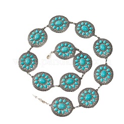 Bohemian Brass Pave Synthetic Turquoise Flat Round with Flower Link Alloy Chain Belts for Women&nbsp;FS-WG72103-01