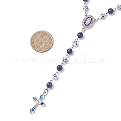 Handmade Blue and White Porcelain and Dyed Natural Lapis Lazuli Round Rosary Bead Necklaces&nbsp;NJEW-JN05750