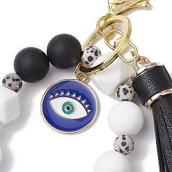 Silicone & Natural Dalmatian Jasper Beaded Bracelet Wristlet Keychain&nbsp;KEYC-JKC00994