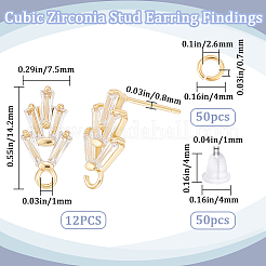 6 Pairs Leaf Shape Brass Cubic Zirconia Stud Earring Findings&nbsp;KK-CN0003-20G