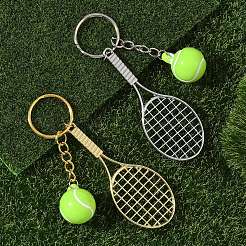 5Pcs Opaque Acrylic Tennis with Alloy Tennis Racket Keychains&nbsp;KEYC-YW00243-01