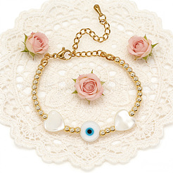 Summer Natural Shell Heart & Evil Eye & Brass Round Beaded Bracelets with Stainless Steel Chains&nbsp;NH4059