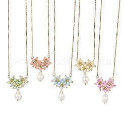 Electroplate Glass Beaded Flower Teardrop Pendant 304 Stainless Steel Cable Chain Necklaces&nbsp;NJEW-MZ00156