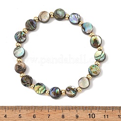 Natural Abalone Shell/Paua Shell Coin Beaded Stretch Bracelets with Round Brass Beads for Women&nbsp;BJEW-JB14169