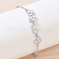 Brass Pave Clear Cubic Zirconia Clover Envelope Link Bracelets&nbsp;KK-CBA6980-18P