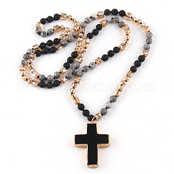 Cross Bohemian Style Natural Lava Rock Pendant Glass Beaded Necklaces&nbsp;FS-WG0F67E-01