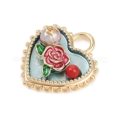 Brass Enamel & Natural Pearl Heart with Rose Flower Pendants&nbsp;KK-K351-49G-02