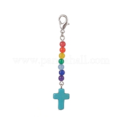 Synthetic Turquoise Cross with Natural Dyed Malaysia Jade Round Beaded Pendant Decoration&nbsp;HJEW-JM00940