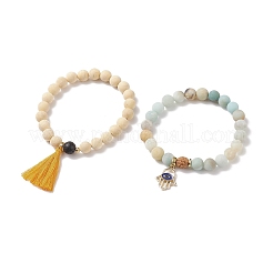 2Pcs 2 Style Natural Flower Amazonite & Lava Rock & Wood Stretch Bracelets Set with Tassel and Alloy Hamsa Hand Charms&nbsp;BJEW-JB08347