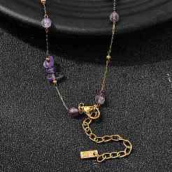 Natural Amethyst Chip 304 Stainless Steel Link Chain Necklaces for Women&nbsp;NJEW-K255-59G