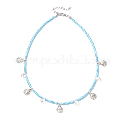Boho 304 Stainless Steel Shell Shaped Pendant Glass Seed Beaded Necklaces&nbsp;NJEW-MZ00147-01
