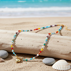 Beach Colorful Glass Beaded Alloy Heart Pendant Necklaces for Women&nbsp;LS-NM2683