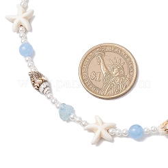 Summer Natural Dyed Aquamarine & Round White Jade & Natural Sea Shell & Shell Pearl Beaded Necklaces&nbsp;NJEW-JN05269