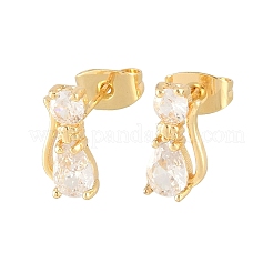 Cat Shape Brass Micro Pave Clear Cubic Zirconia Stud Earrings&nbsp;EJEW-C172-01G