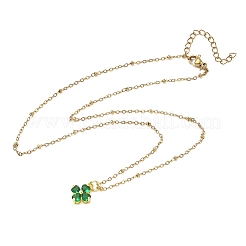 Saint Patrick's Day Brass Pave Cubic Zirconia Green Four-Leaf Clover Pendant 304 Stainless Steel Satellite Chain Necklaces&nbsp;NJEW-JN06677