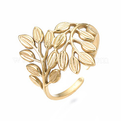 304 Stainless Steel Leaf Open Cuff Ring&nbsp;RJEW-T023-56G