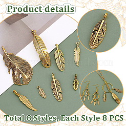 64pcs 8 styles Tibetan Style Alloy Feather Pendants&nbsp;FIND-PH0022-52AG