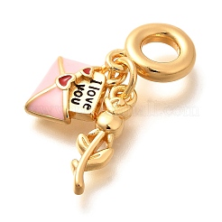 Brass Enamel Letter & Rose Flower European Dangle Charms&nbsp;KK-U048-05G-01