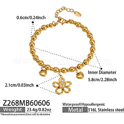 316 Surgical Stainless Steel Pave Clear Cubic Zirconia Flower Charm Round Beaded Bracelets for Women&nbsp;WGAC14B-01