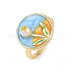 Brass Sky Blue Enamel Flower Cuff Rings&nbsp;RJEW-C139-17C-G